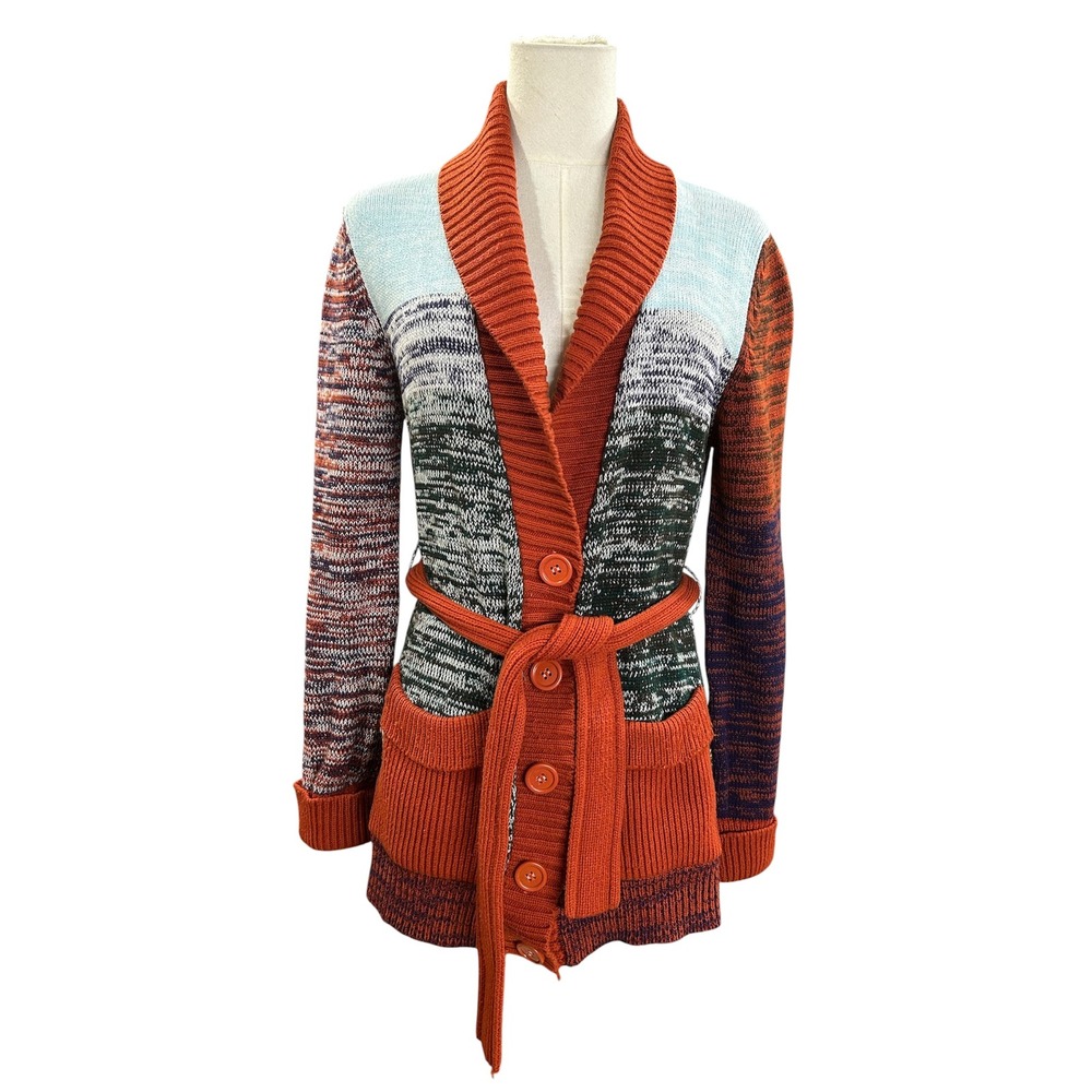 Vintage Womens Knit Cardigan Sweater M Multicolor Space Dye Shawl Collar Belted